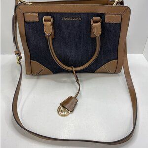 Michael Kors Womens Denim & Brown Leather Handbag With Gold MK Accent & Removabl